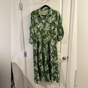 Truly 4 You Long Sleeve Shirt Midi Dress in Green/White Palm Leaf Print